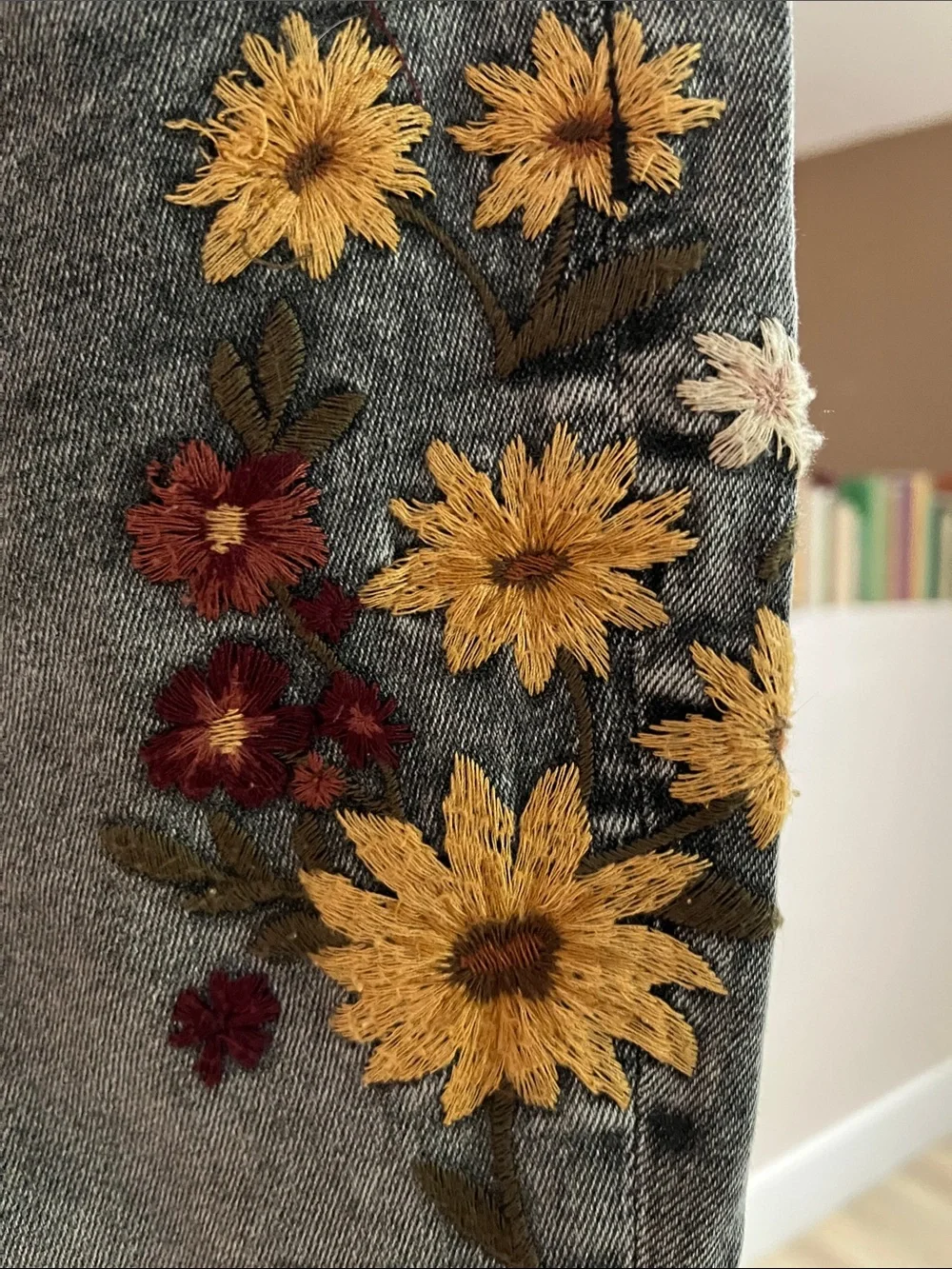 Women's Grey Flare Jeans with Sunflower Embroidery - Picture 3 of 8